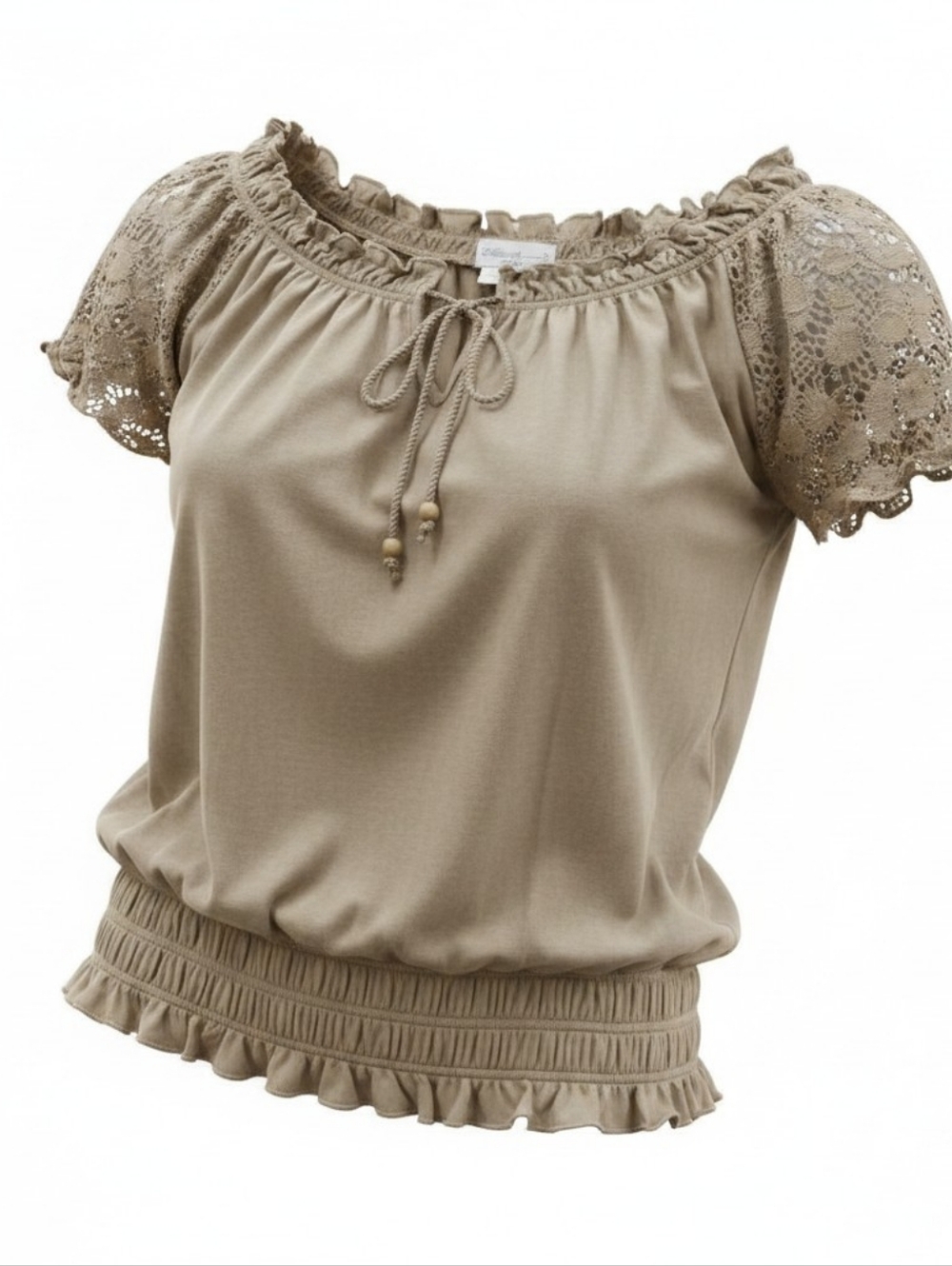 ALLISON BRITTANY | Boho Peasant Blouse Size Small Brown Lace Accents Smocked | S